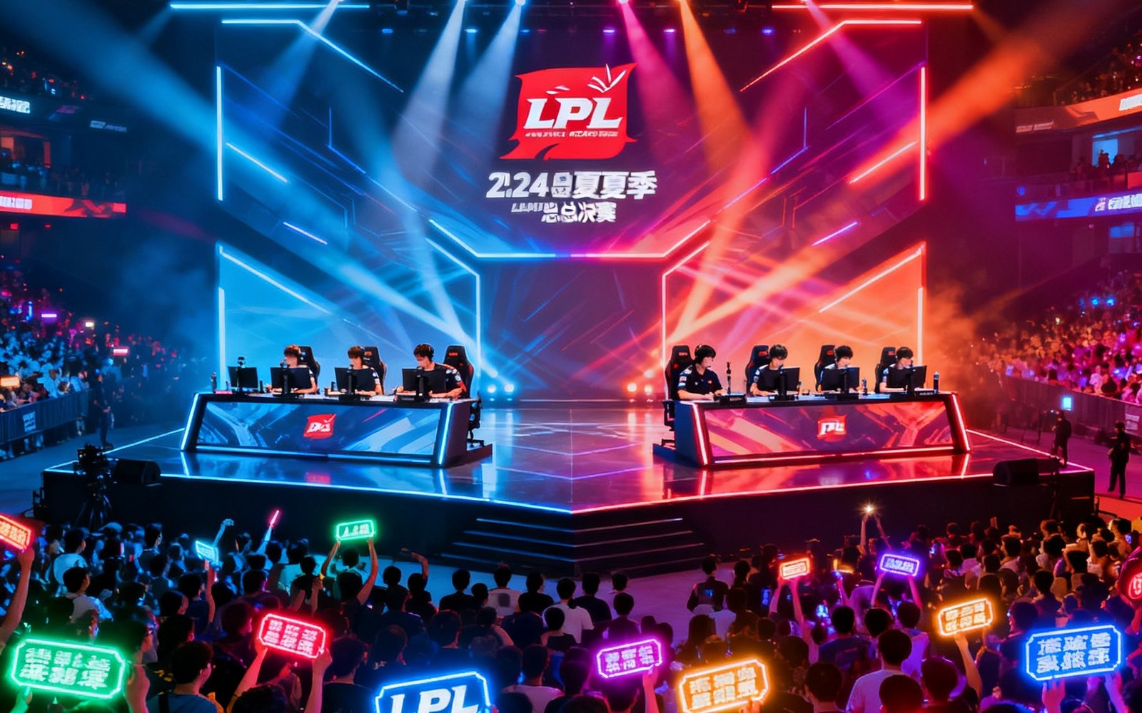 2024年LPL夏季赛总决赛现场全景，舞台上两支顶级战队的选手全神贯注进行比赛，绚丽舞台灯光交织，台下数千名观众挥舞荧光应援灯牌，气氛达到沸点。