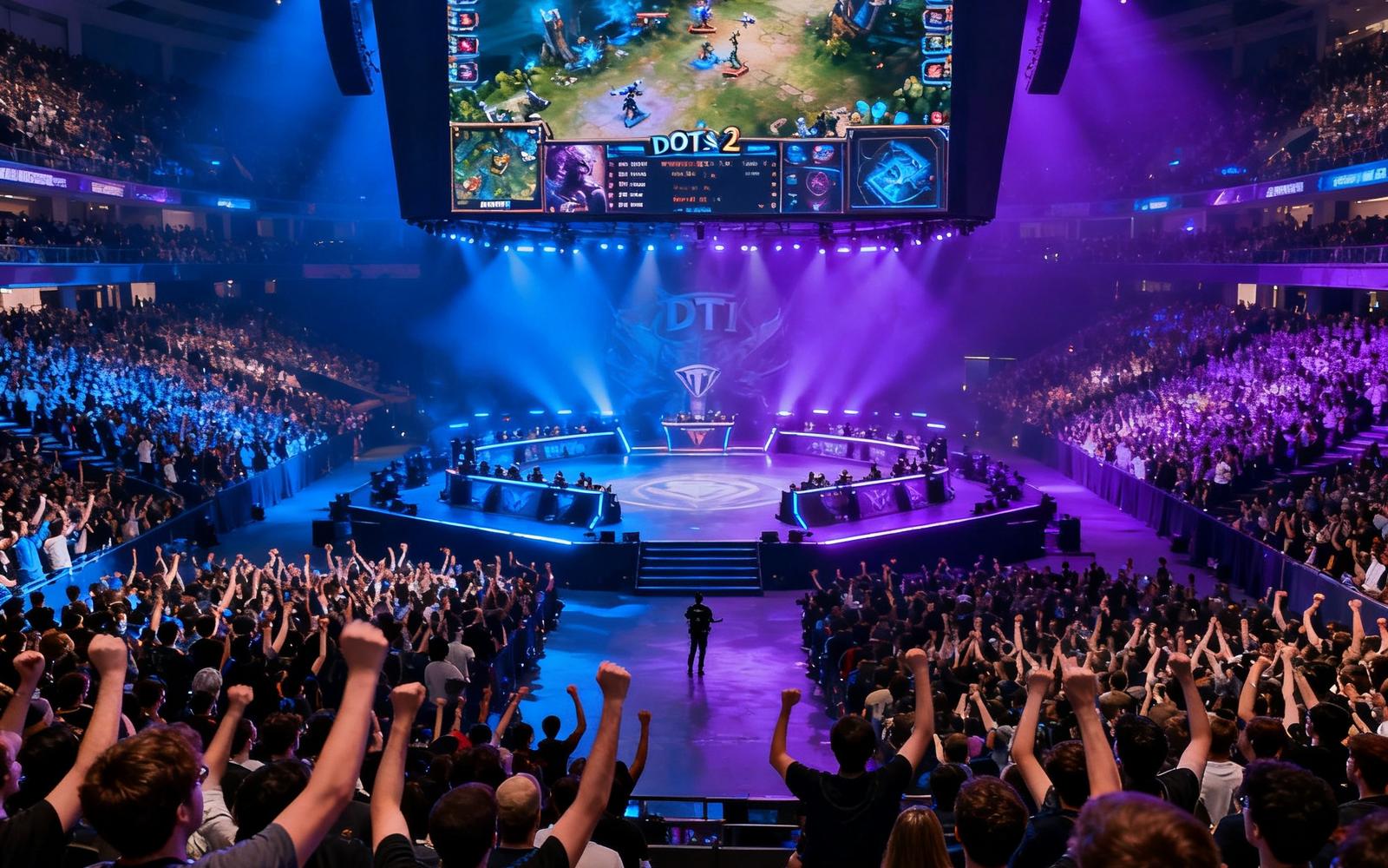 DOTA2 TI国际邀请赛决赛在万人体育馆举行，现场座无虚席，中央巨幕实时播放比赛画面，观众的欢呼声浪此起彼伏，舞台灯光以蓝紫色调为主。
