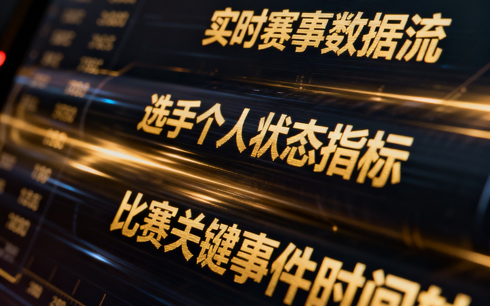 玩加电竞数据可视化大屏近景特写，屏幕上滚动显示着实时赛事数据流、选手个人状态指标和比赛关键事件时间轴，数据以金色字体在深色背景上醒目呈现。