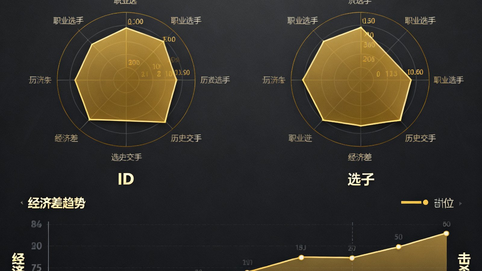 玩加电竞数据平台选手对比功能界面截图，展示两名职业选手的历史交锋数据雷达图、经济差趋势曲线和对位击杀时间线，界面采用深色主题配金色数据高亮。