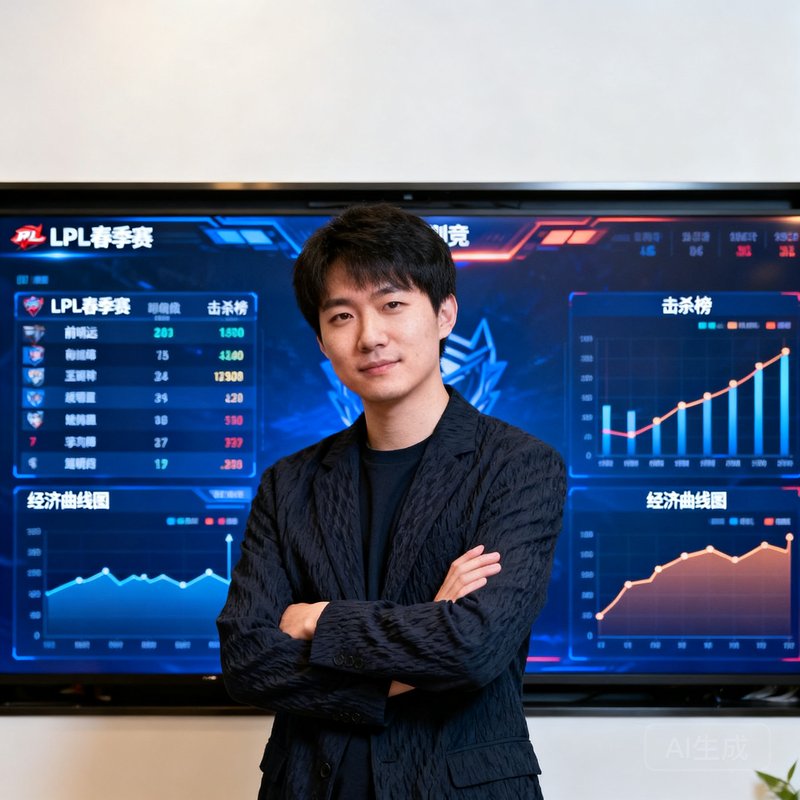 玩加电竞创始人李明远近照，前LPL职业选手ID为Sword，身着深色休闲西装，站在公司数据大屏前双臂交叉，神情自信而沉稳，背景可见实时赛事数据界面。