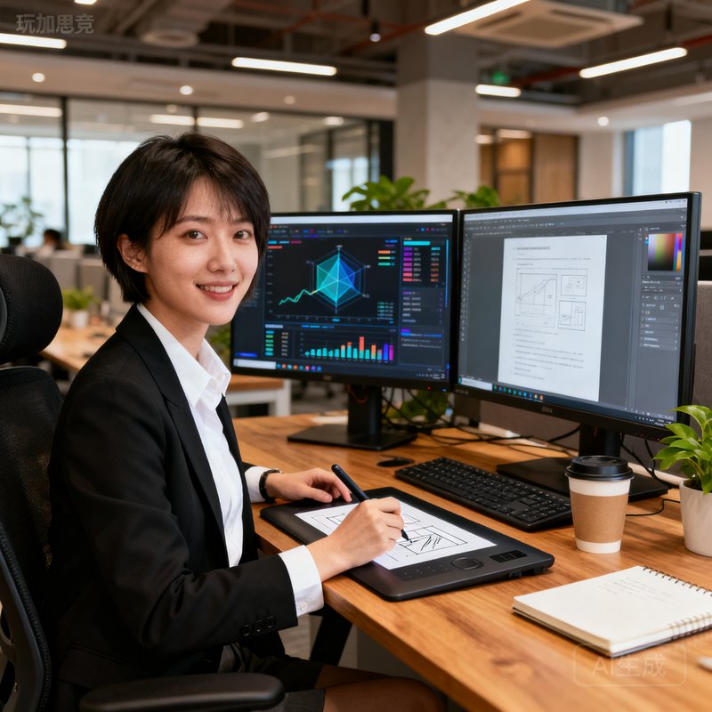 玩加电竞联合创始人陈思宇近照，年轻女性前端架构师，短发干练，坐在双屏工位前手拿电容笔在数位板上标注界面设计稿，屏幕上展示着数据可视化界面原型。